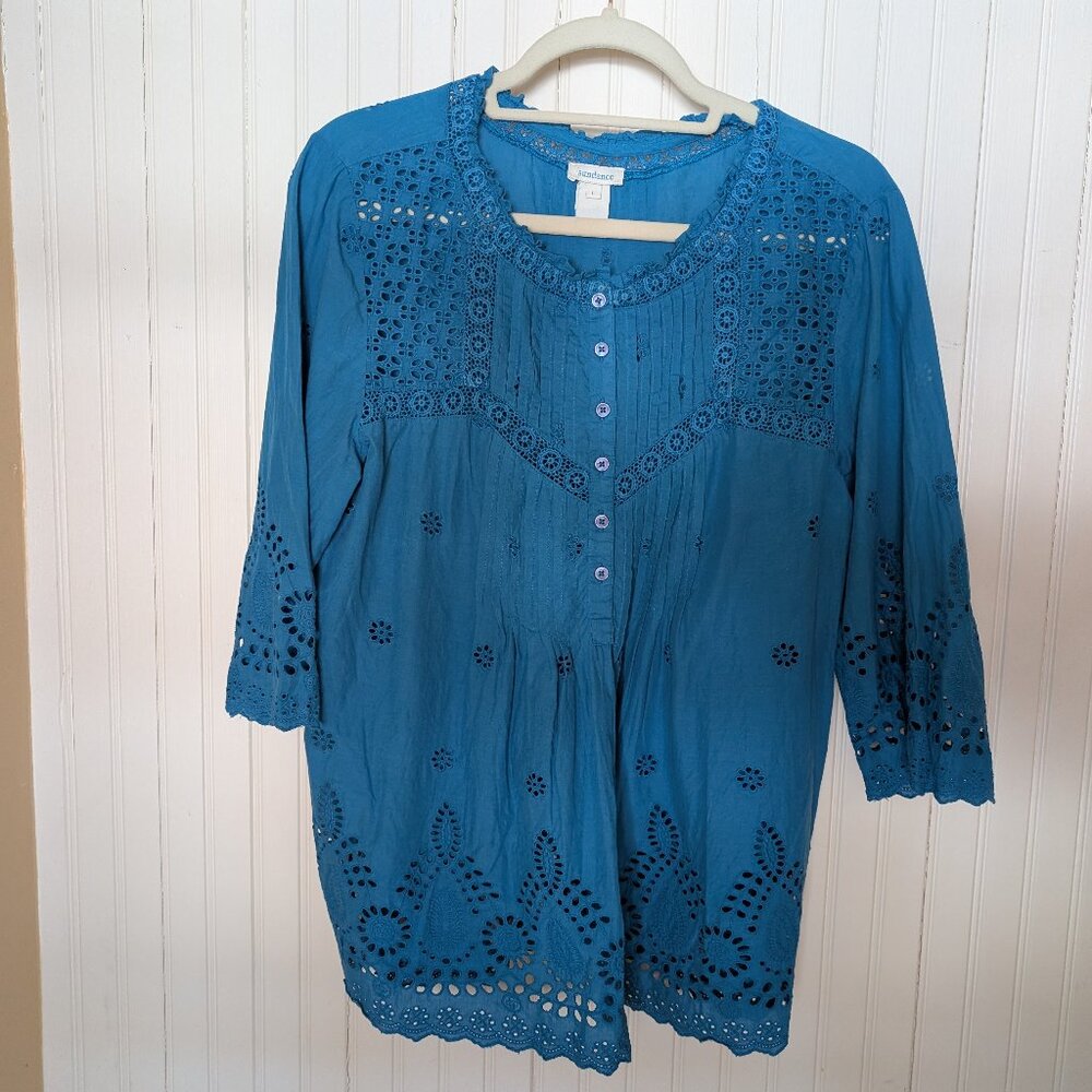 Sundance popover eyelet top blue 3/4 sleeves sz Lg